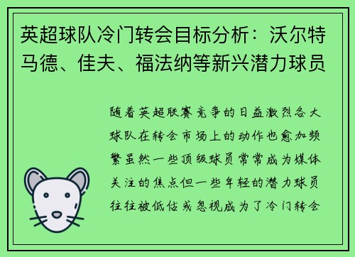 英超球队冷门转会目标分析:沃尔特马德、佳夫、福法纳等新兴潜力球员揭秘 英超球队冷门转会目标分析:沃尔特马德、佳夫、福法纳等新兴潜力球员揭秘