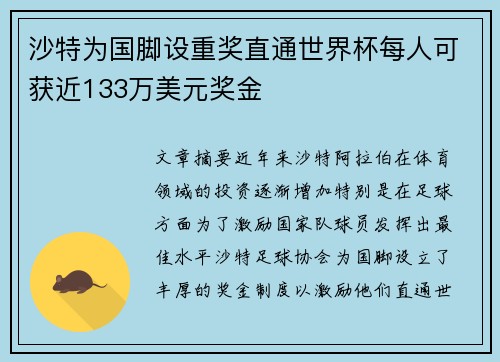 沙特为国脚设重奖直通世界杯每人可获近133万美元奖金
